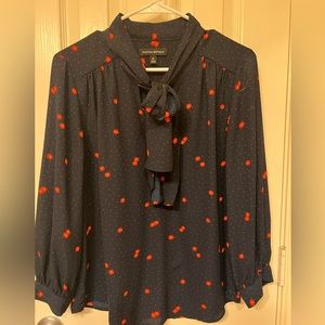 Banana Republic medium tie neck navy blouse with white polka dots and red floral